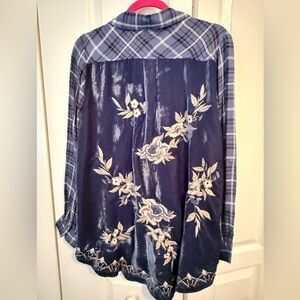 Kyla Seo Plaid Button-Up Shirt Blue Pacific Velvet Tunic Top Sz MEDIUM Boho Chic